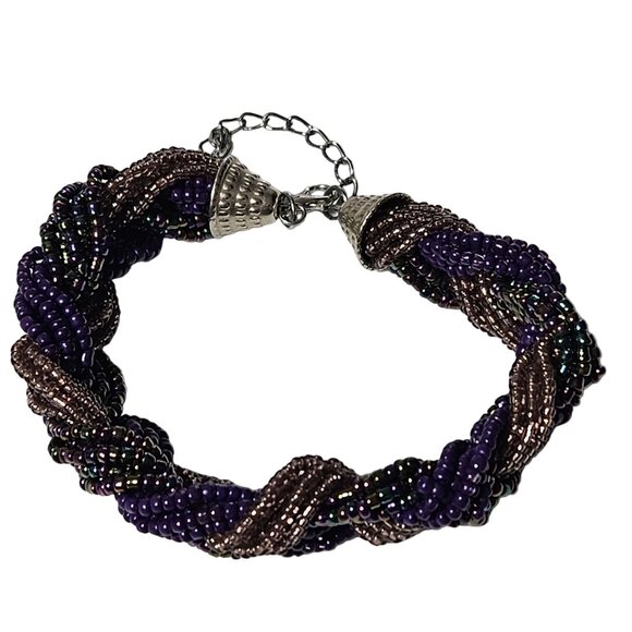 Handcrafted Twisted Seed Beaded Bracelet Purple Gold Beads Fashion Jewelry Women - Picture 1 of 6
